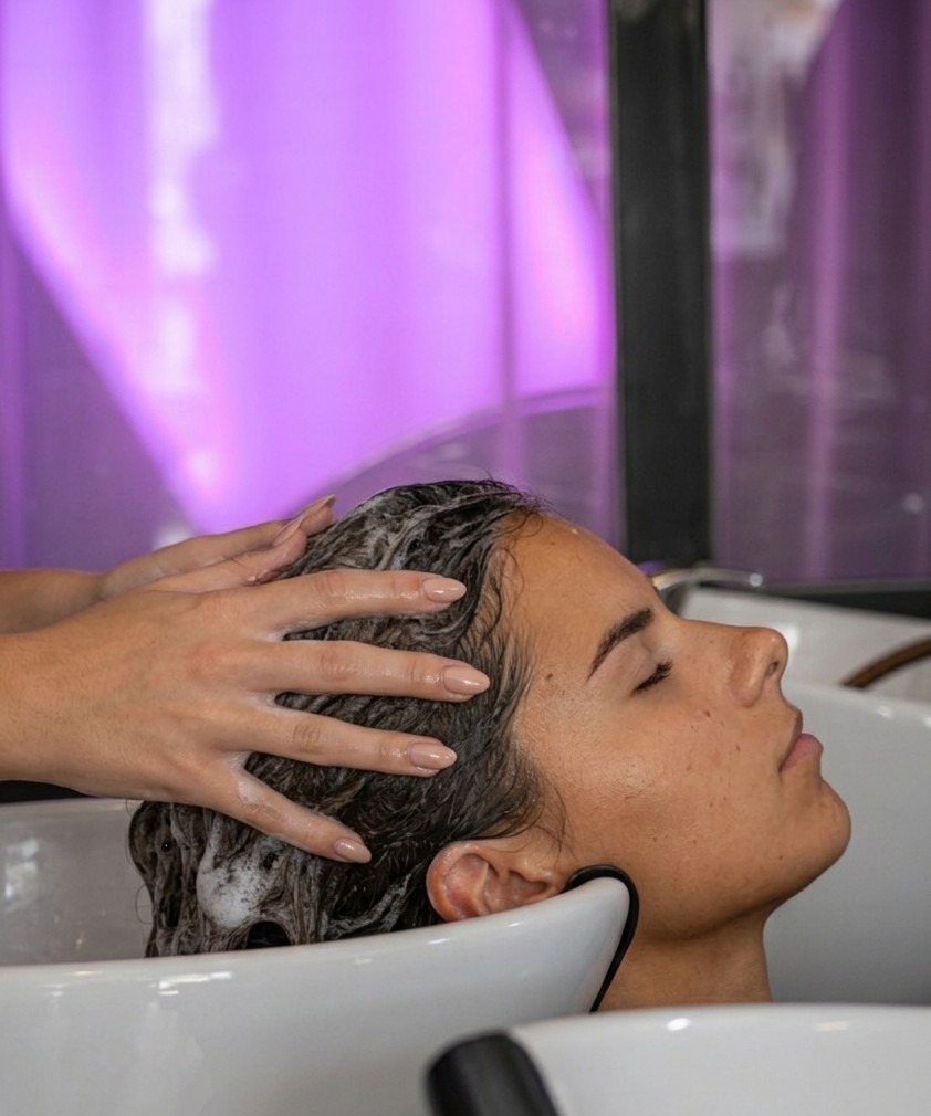 Massage du cuir chevelu au bac de lavage