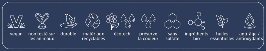 Les engagements I.C.O.N. : vegan, non testé sur les animaux, durable, matériaux recyclables, écotech, préserve la couleur, sans sulfate, ingrédients bio, huiles essentielles, anti-âge / antioxydants.