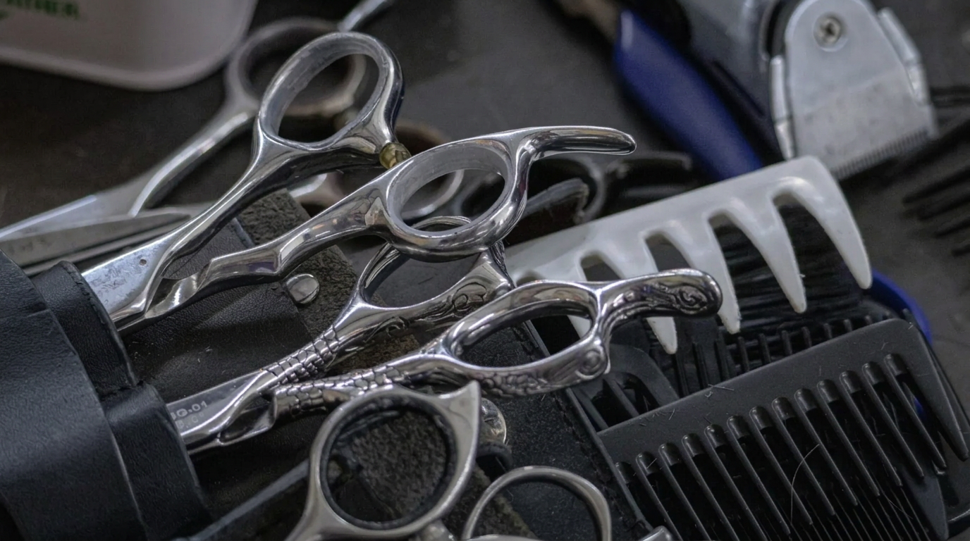 Ciseaux et peignes de coiffure dans leur étui
